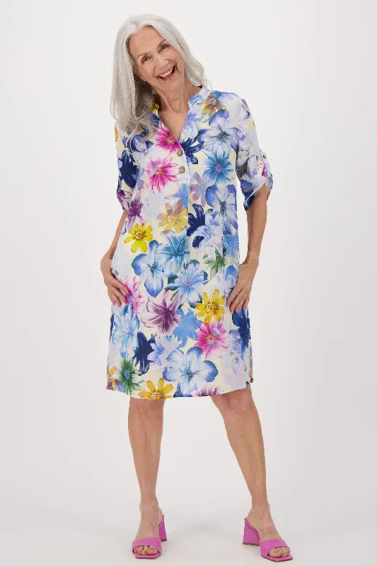 BLUE FLORAL TAB SLEEVE DRESS