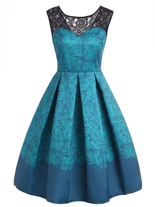 Blue 1950s Floral Sweetheart Swing Dress