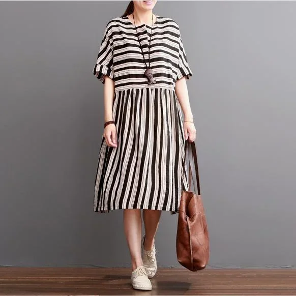 Black Striped Summer Dresses Plus Size Linen Sundress Short Sleeve Cotton Maxi Dress