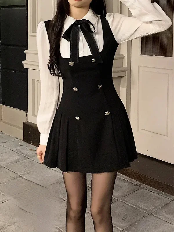 2022 Autumn Fake Two Dress Women Slim Chic Long Sleeve Bow Casual Y2k Mini Dress Female Korean Fashion Elegant Short Party Dress