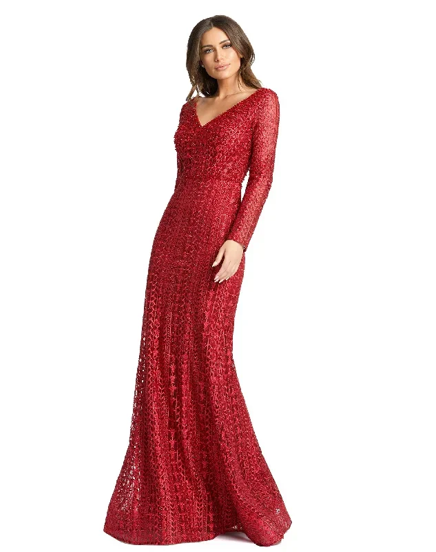 Embroidered Long Sleeve V Neck Trumpet Gown