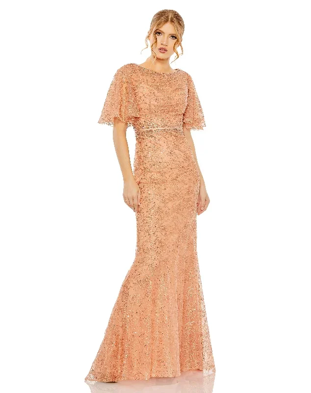 Embellished Neck Butterfly Sleeve Trumpet Gown