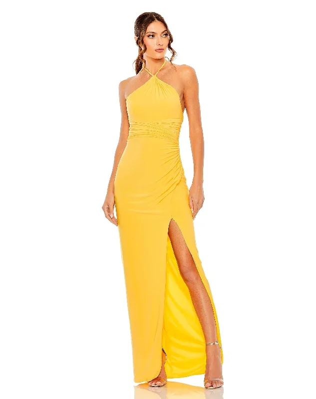 Halter Neck Ruched Side Front Slit Gown