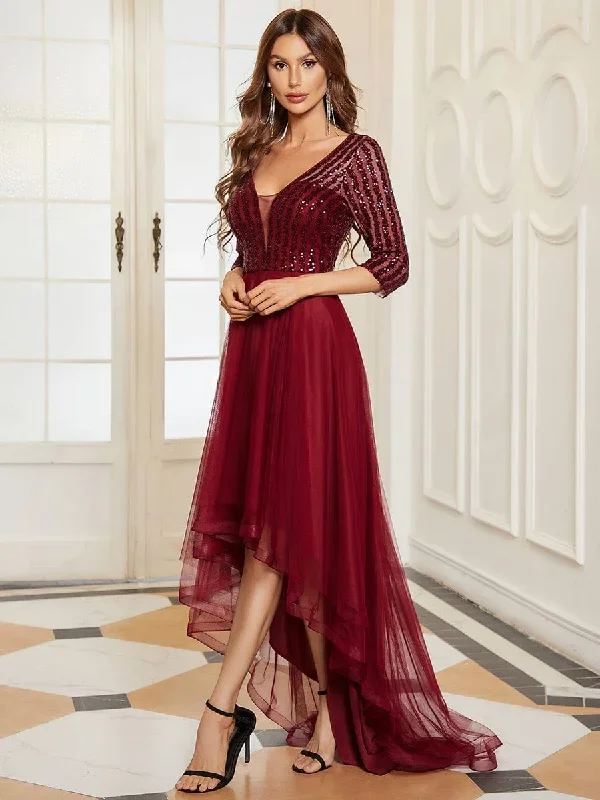 3-4-sleeve-sheer-sequin-stripe-high-low-hem-evening-dress-ee50172