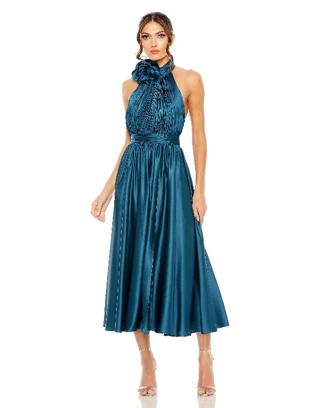 Pleated Charmeuse High Neck Sleeveless Midi Dress