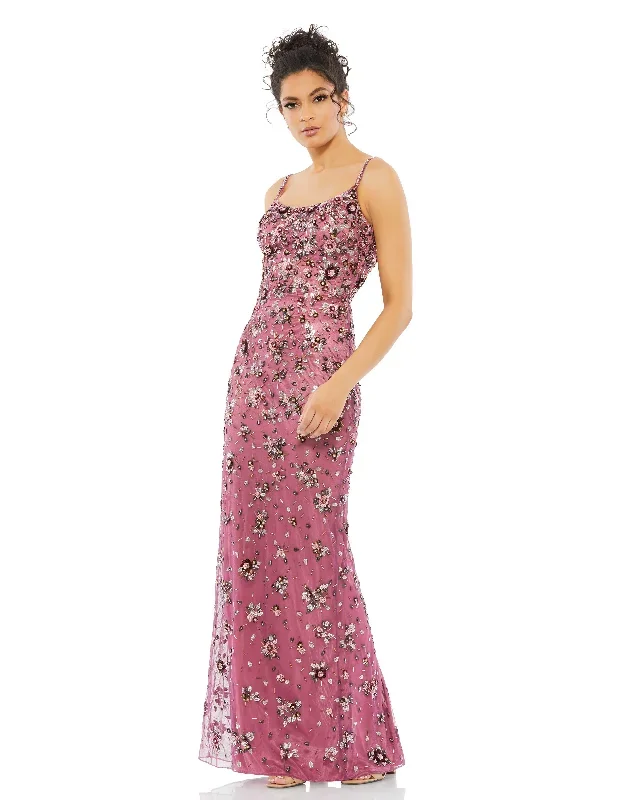 Floral Embellished Scoop Neck Evening Gown