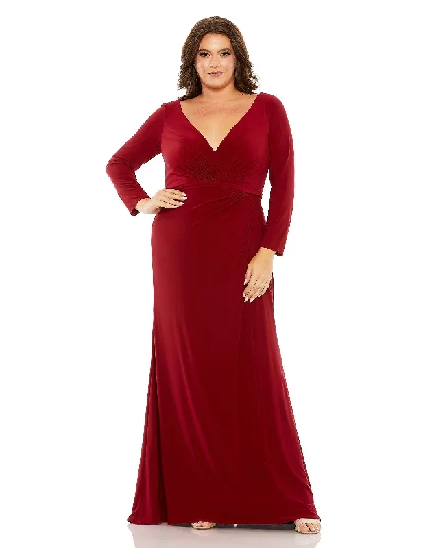 Long Sleeve V-Neck Faux Wrap Gown