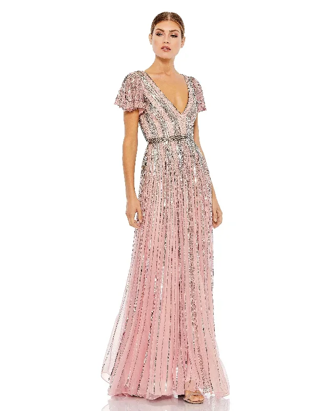 Stripe Sequin V-Neck Gown