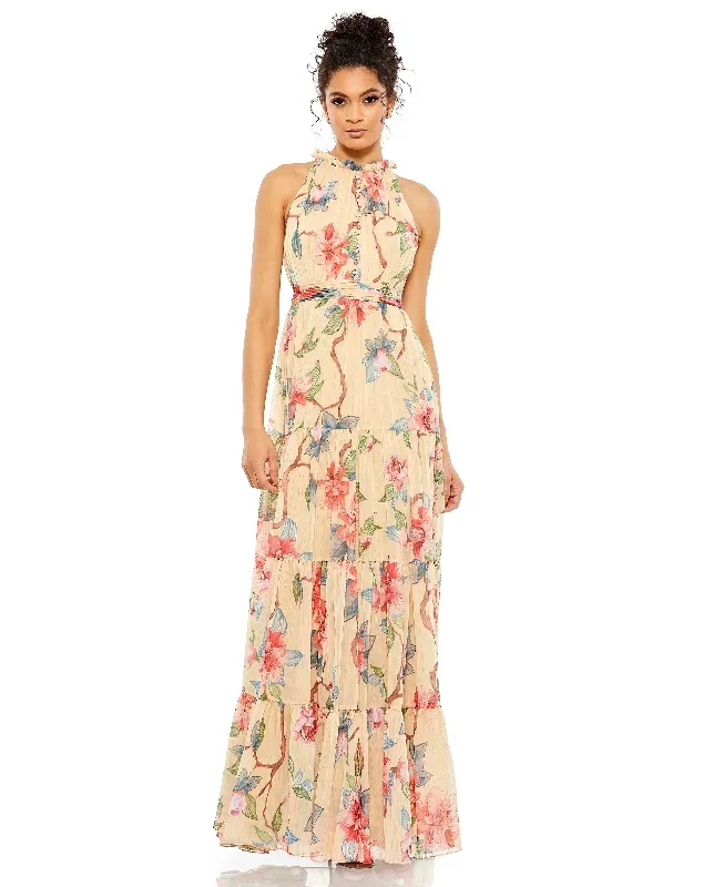 Floral Button High Neck Maxi Dress