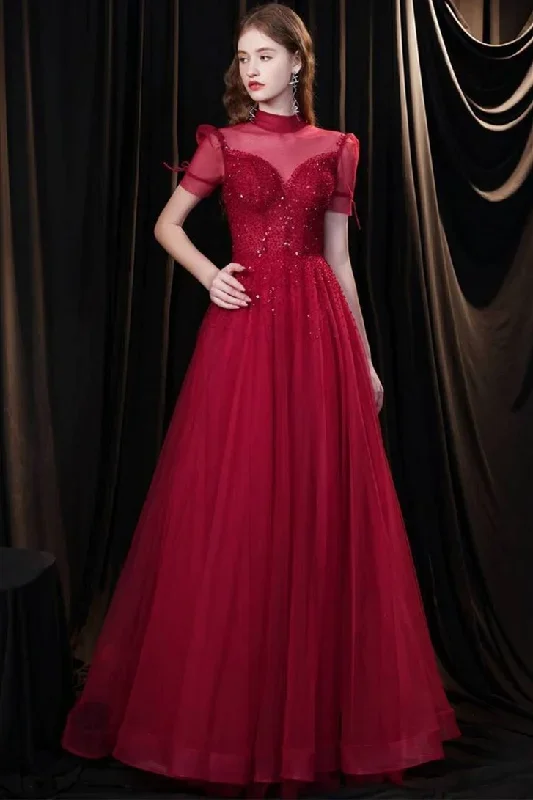 a-line-burgundy-tulle-high-collar-long-prom-dress-with-sequins