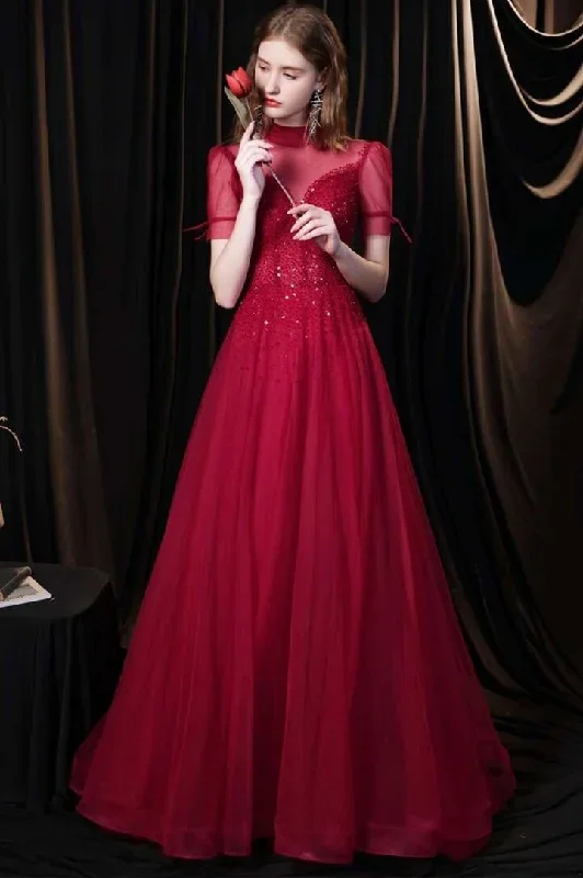 a-line-burgundy-tulle-high-collar-long-prom-dress-with-sequins