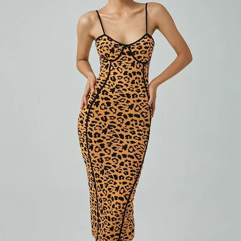 Alluring Sleeveless Bodycon Leopard Sweater Midi Dress - Leopard