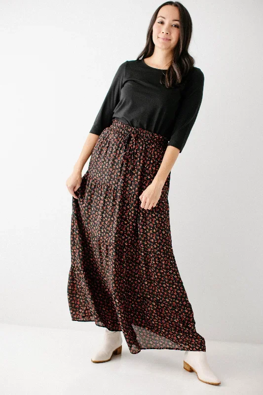 'Arisha' Smocked Waist Floral Maxi Skirt in Black FINAL SALE