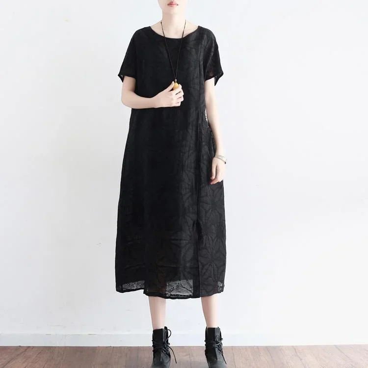 baggy black linen dresses casual embroidery cotton dress Fine short sleeve caftans