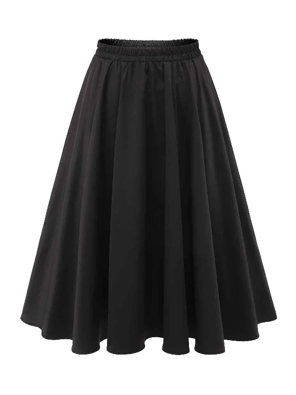 black-1950s-solid-elegant-style-pleated-skirt