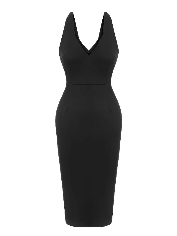 black-1960s-v-neck-solid-bodycon-dress