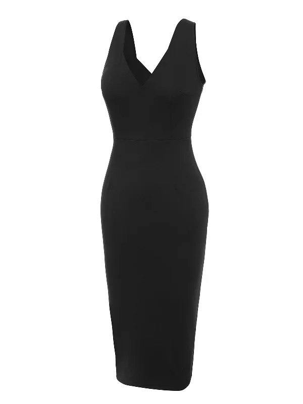 black-1960s-v-neck-solid-bodycon-dress