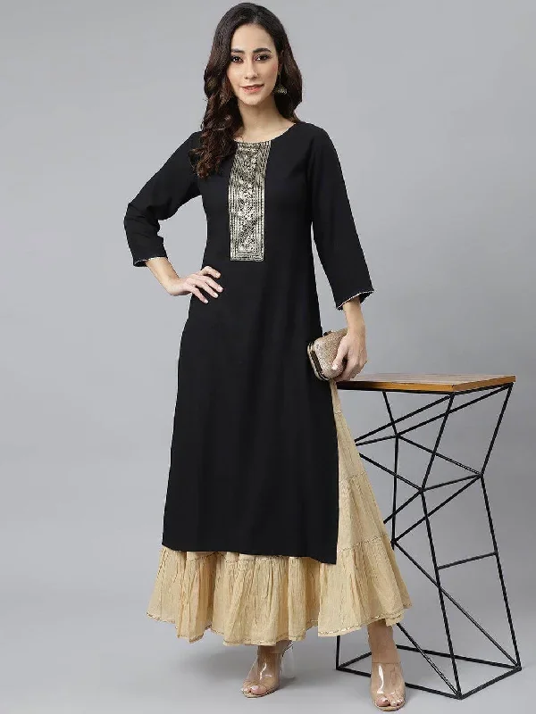 Black Rayon Solid Straight Kurta