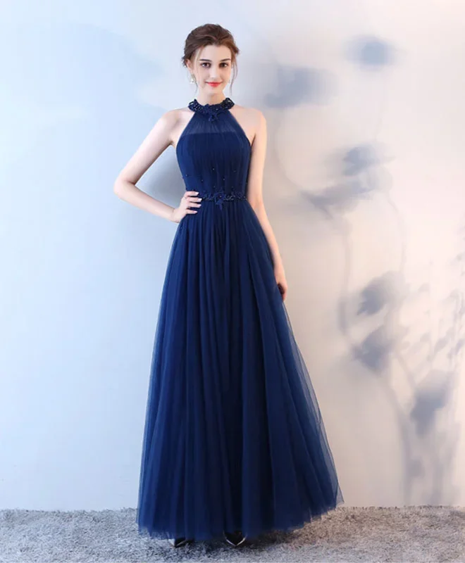 Blue Halter Tulle Long Prom Dress, Blue Evening Dress