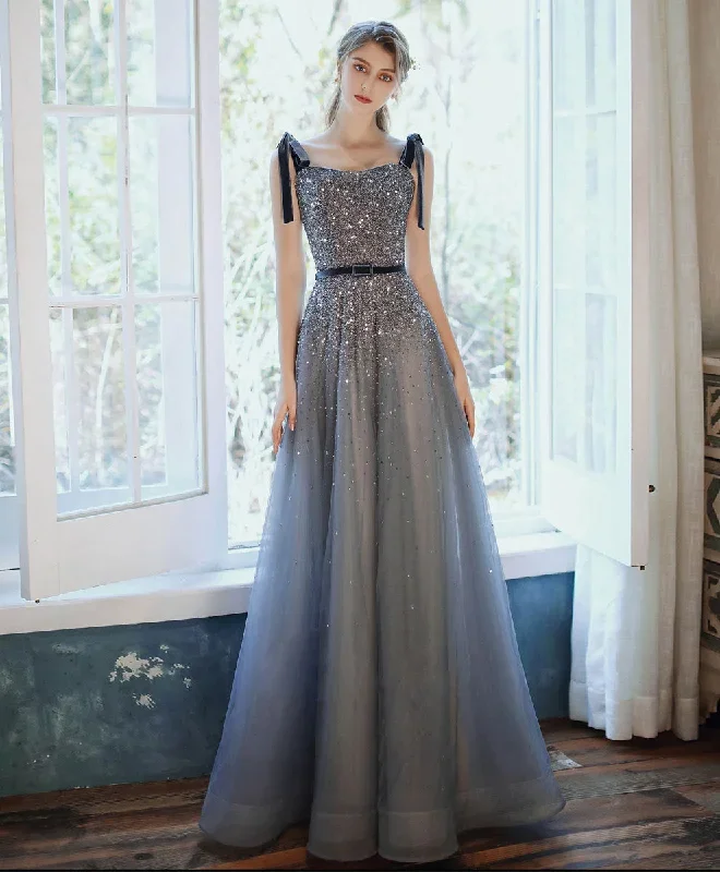 Blue Sweetheart Tulle Sequin Long Prom Dress Blue Formal Dress