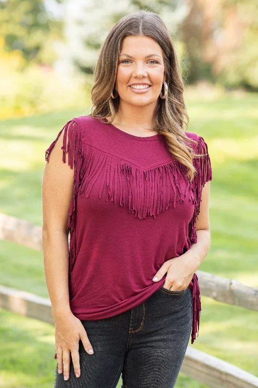 Burgundy Fringe Detail Sleeveless Top