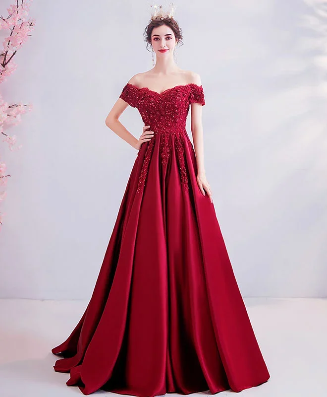 Burgundy Off Shoulder Lace Satin Long Prom Dress Burgundy Evening Dress