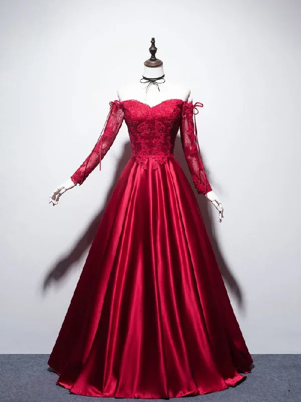 Burgundy Sweetheart Lace Satin Long Prom Dress Burgundy Evening Dress