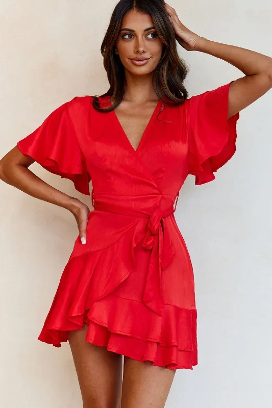 Cami Angel Sleeve Faux Wrap Dress Red