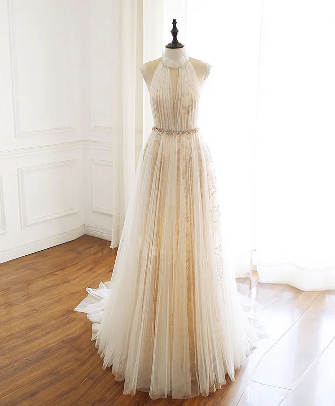 Champagne Tulle Lace Long Prom Dress, Champagne Evening Dress