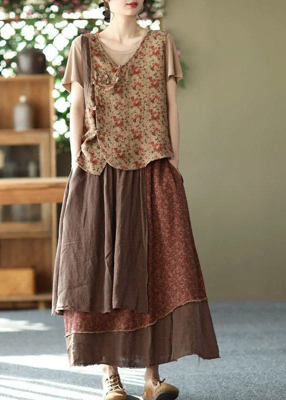 coffee-pockets-patchwork-cotton-skirt-wrinkled-asymmetrical-spring