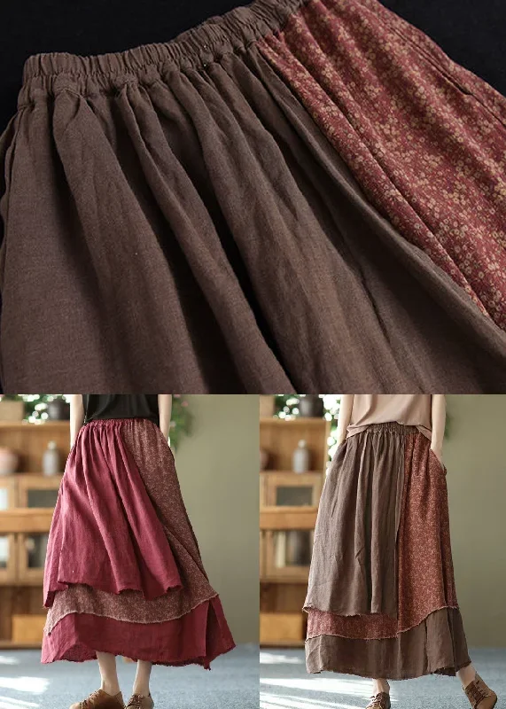 coffee-pockets-patchwork-cotton-skirt-wrinkled-asymmetrical-spring