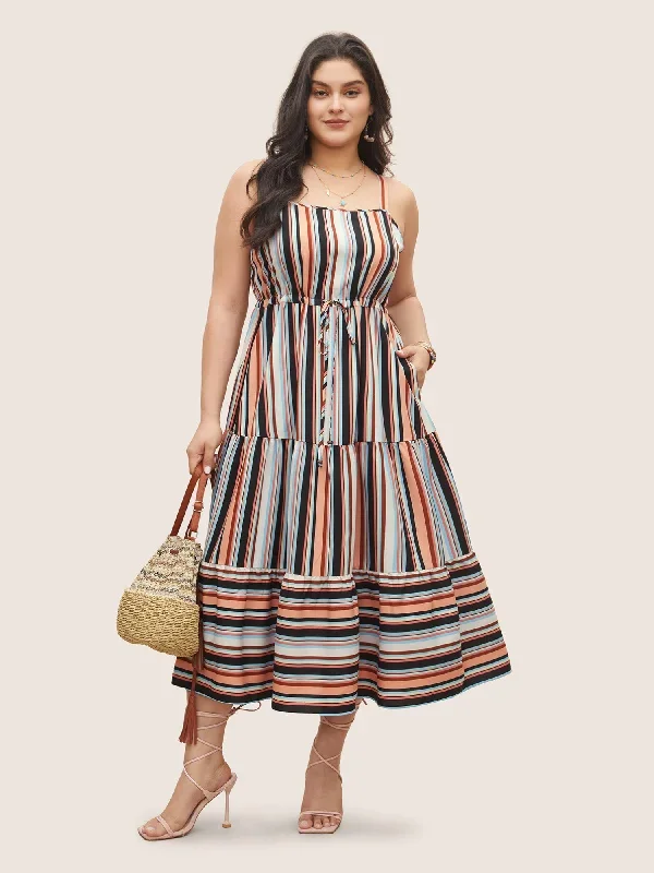 Color Striped Drawstring Ruffle Hem Dress