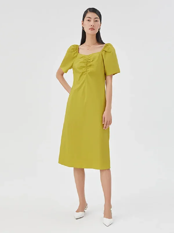 Puff Sleeve Gathered Pleated Midi Dress