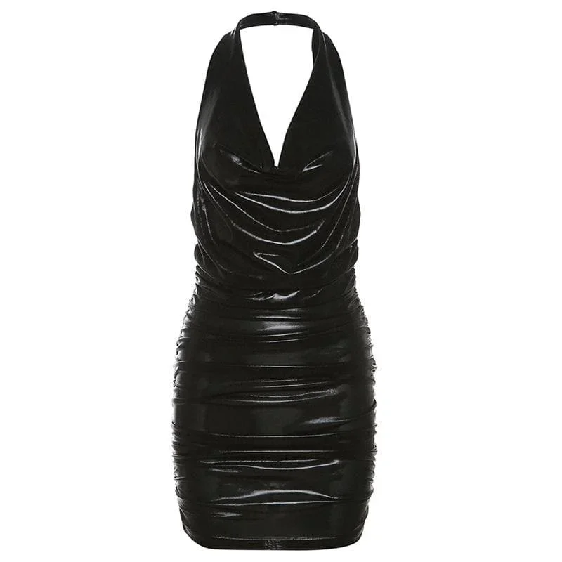 cowl-neck-halter-textured-backless-solid-ruched-mini-dress