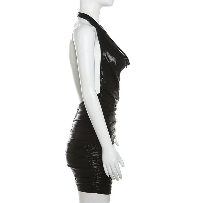 cowl-neck-halter-textured-backless-solid-ruched-mini-dress