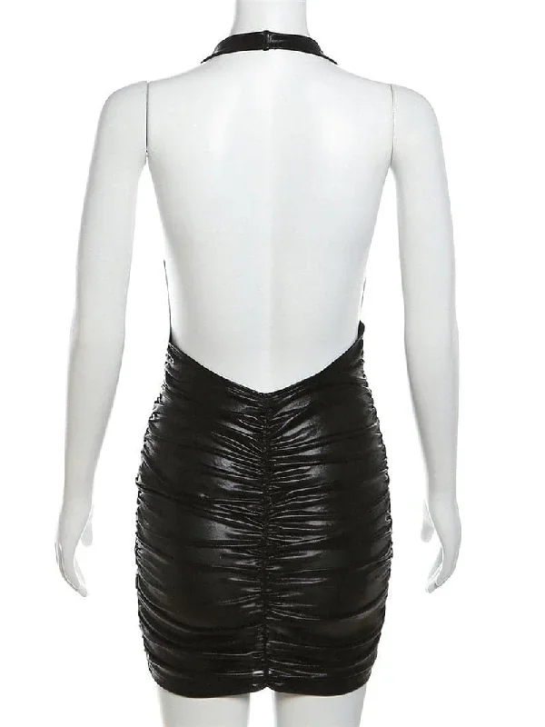 cowl-neck-halter-textured-backless-solid-ruched-mini-dress