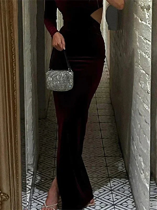 Long Sleeve One Shoulder Velvet Cut Out Side Slit Party Elegant Evening 2024 Maxi Dress Women