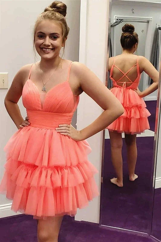 Cute Coral Straps Tiered Tulle Homecoming Dress