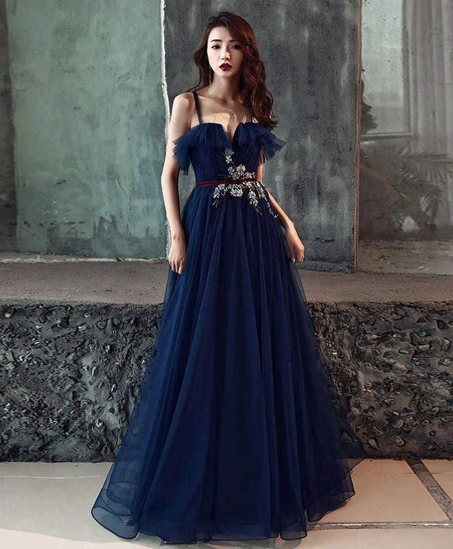 Dark Blue Tulle Long Prom Dress, Dark Blue Tulle Evening Dress