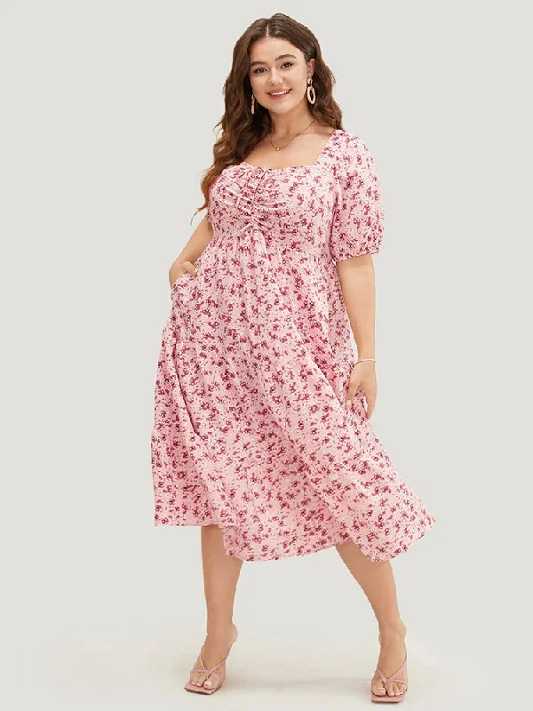 Ditsy Floral Ruffle Tiered Pocket Ruched Puff Sleeve Drawstring Dress