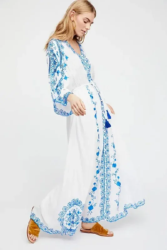 FashionSierra-Hollow  Floral Embroidery  Long Sleeve  Strap  Maxi  White  Vintage  V Neck  Beach Ladies Boho Dress