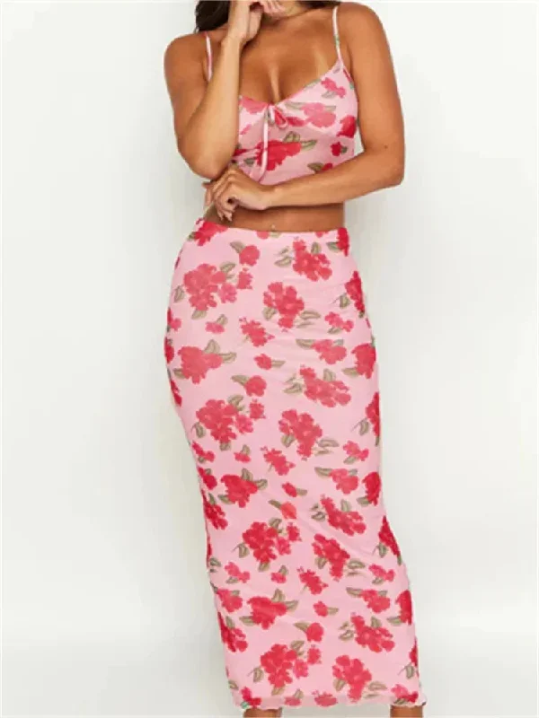 floral-print-sleeveless-strap-mesh-camis-high-waist-long-skirts-suits