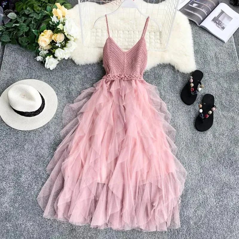 Getadme Summer Sleeveless Sling Gauze Tulle Dress Women knit V-neck Sexy Backless Long Dresses Sweet Mesh Pink Party Dress Vestidos