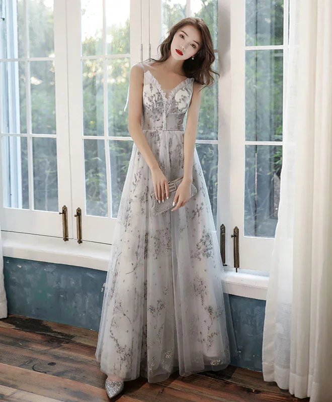 Gray Tulle Lace Long Prom Dress Gray Tulle Lace Formal Dress