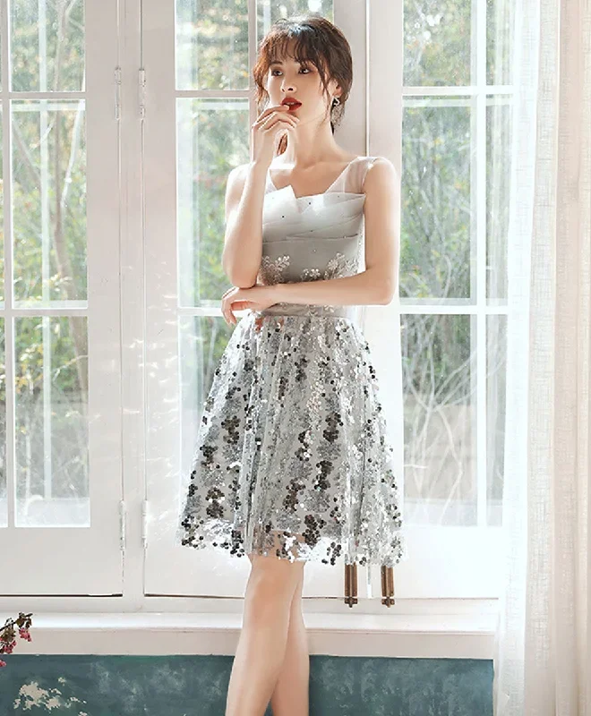 Gray Tulle Lace Sequin Short Prom Dress Gray Cocktail Dress