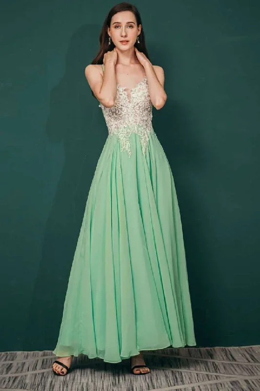 Green A-line Lace Applique Chiffon Long Prom Dress