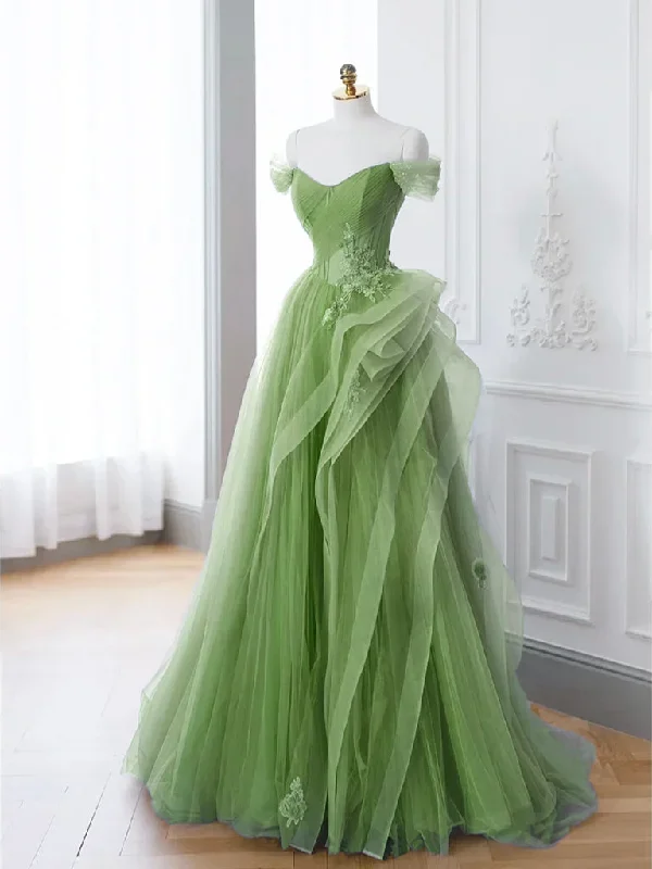 Green A-Line Off Shoulder Long Prom Dress, Green Lace Long Evening Dress