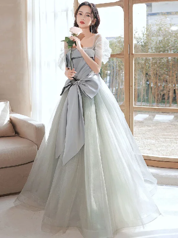 Gray Green Tulle Long Prom Dresses, Tulle Formal Graduation Dresses