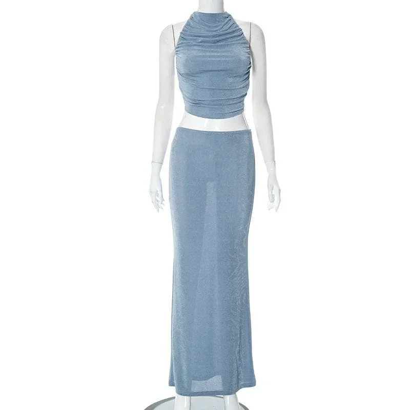 halter-solid-backless-self-tie-ruched-maxi-skirt-set