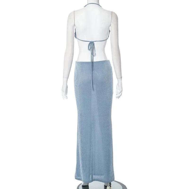 halter-solid-backless-self-tie-ruched-maxi-skirt-set